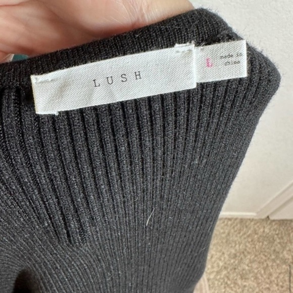 Lush Ribbed Faux Wrap Sweater Dress With Balloon Applique Sleeves in Black - Picture 3 of 8